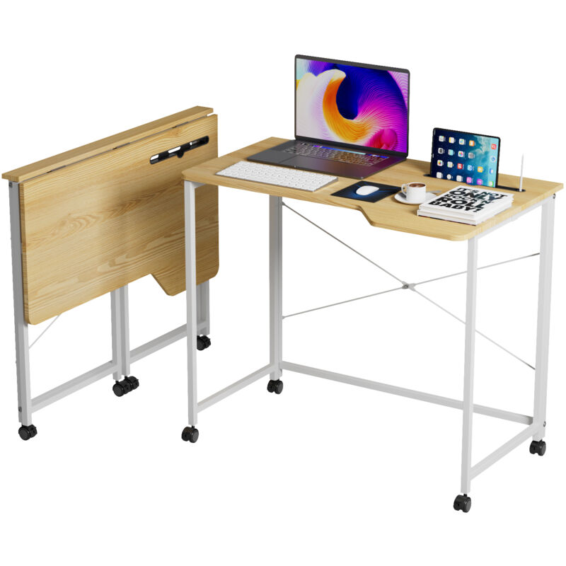 foto del prodotto haloyo scrivania per computer mobile con ruote, scrivania da tavolo, ampio piano d appoggio per ufficio domestico, 90x56x75 cm, colore legno