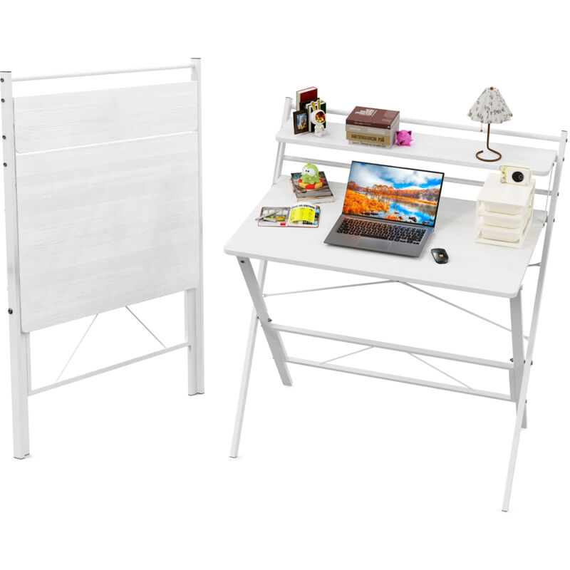 foto del prodotto haloyo scrivania pieghevole per computer, tavolo per computer, scrivania con ripiani, 80x50x107cm, bianco