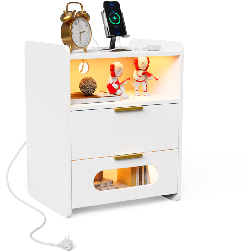 foto del prodotto haloyo set di 1 comodini con due cassetti, comodino, prese ca, decoro in legno, per soggiorno, camera da letto, ufficio, 50x40x64cm, bianco