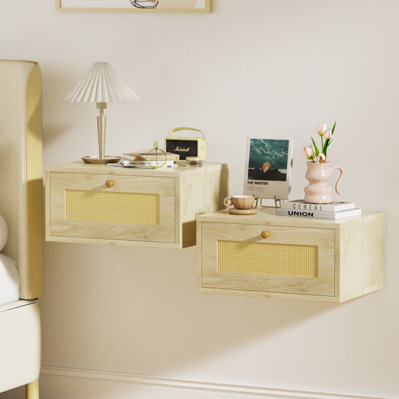 foto del prodotto haloyo set di 2 comodini sospesi, comodini da parete, comodini, 40x30x20cm, colore legno