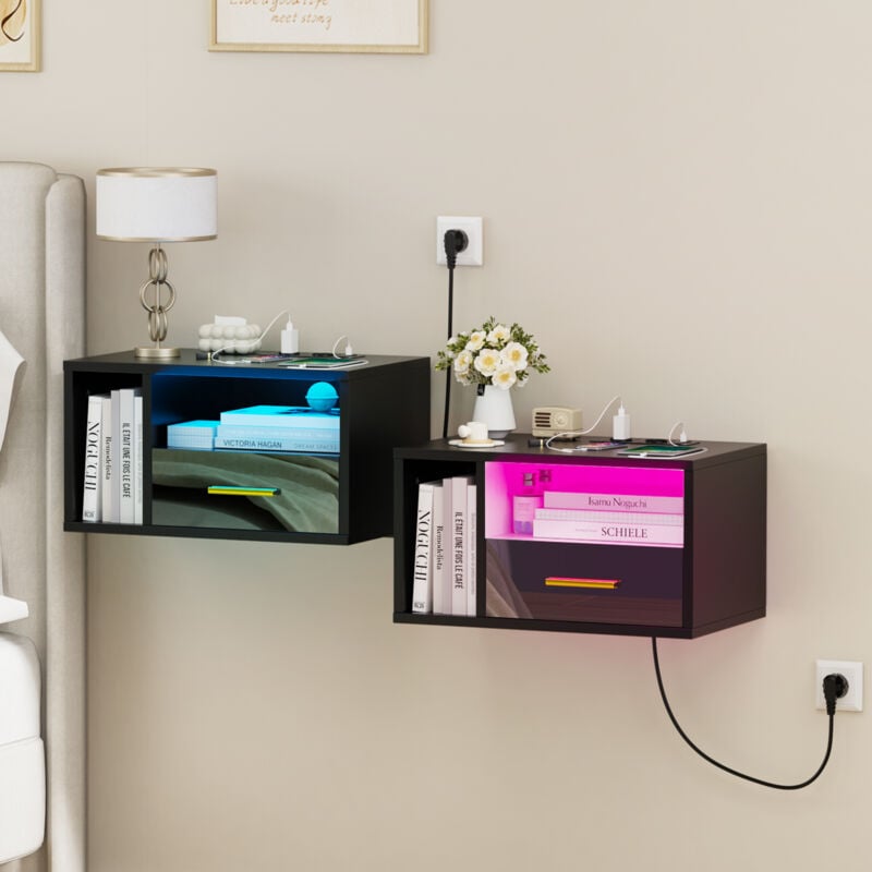 foto del prodotto haloyo set di 2 comodini sospesi con multipresa, comodini da parete, comodini, 46,5x30x25,5 cm, nero