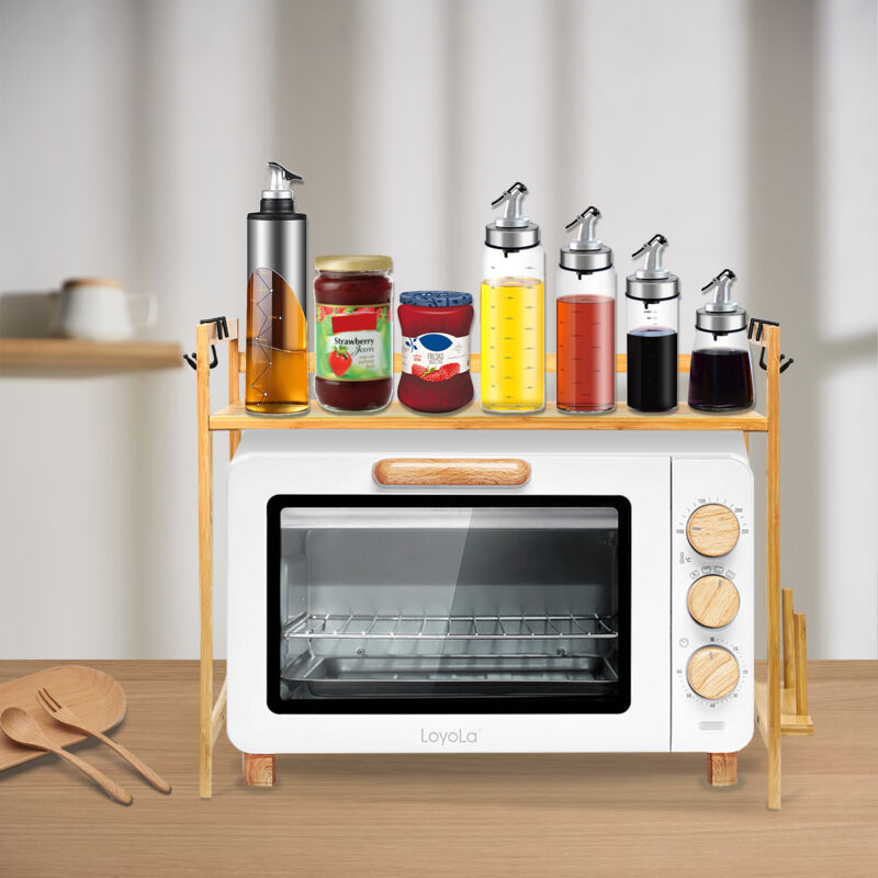 foto del prodotto haloyo supporto per forno a microonde, con 2 ripiani, 4 ganci ,mensola microonde, organizzatore per cucina, 52x30x35 cm