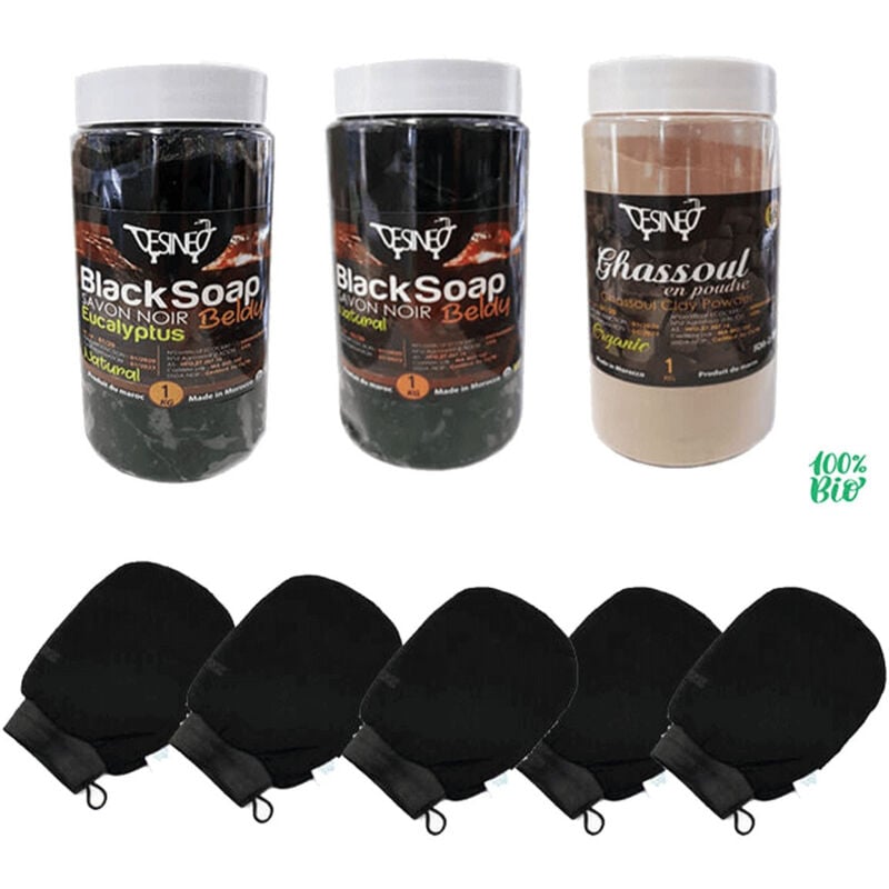 foto del prodotto hammam body care pack 5 guanti kessa 1 kg di sapone nero 1kg con eucalipto 1 kg di ghassoul di argilla bianca