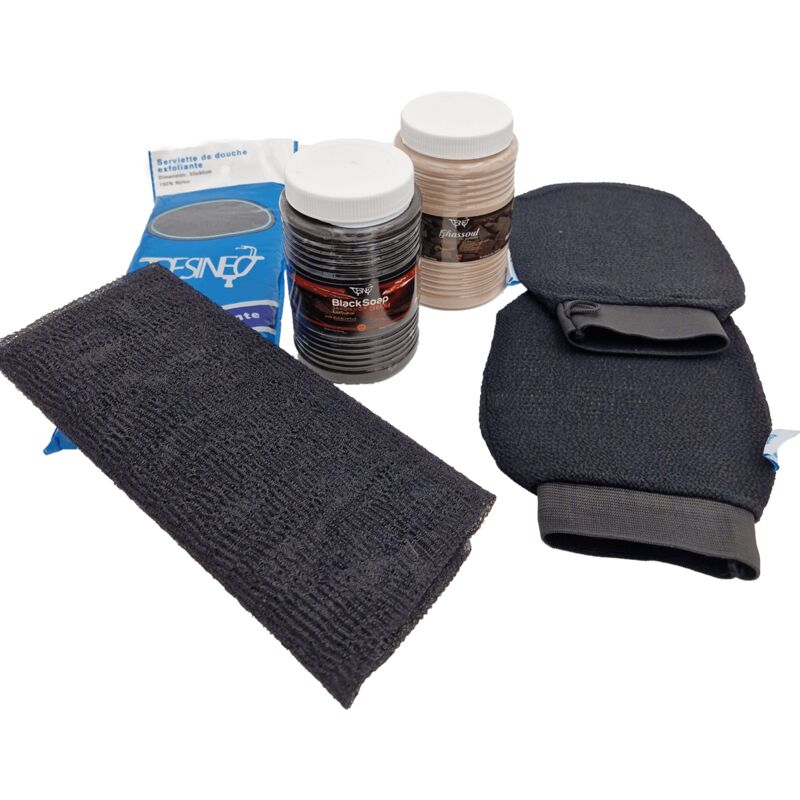 foto del prodotto hammam body care pack 5 guanti kessa 1 kg di sapone nero 1kg con eucalipto 1 kg di ghassoul di argilla bianca