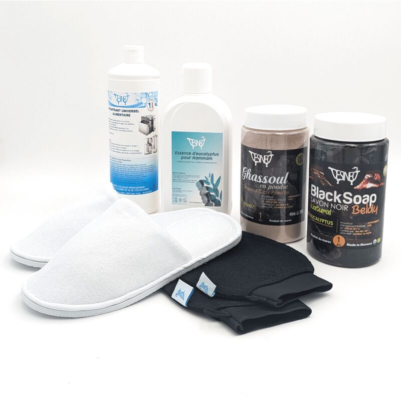 foto del prodotto hammam essential pack 1l detartant, 1l eucalyptus essenza, 1kg ghassoul, 1kg black soap, scarpe x10, kessa glove x 10