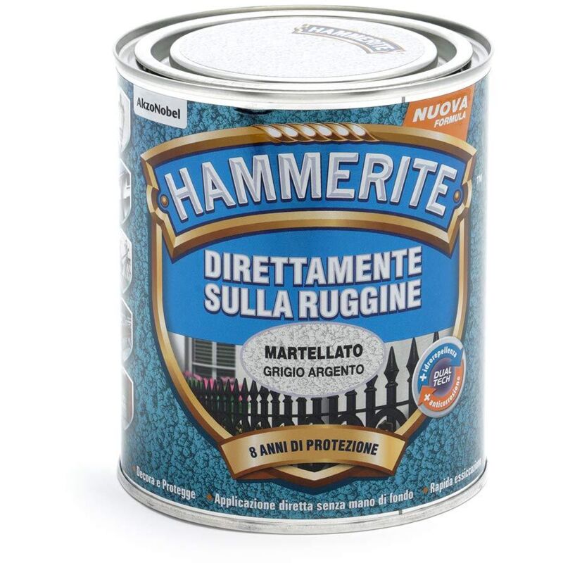 foto del prodotto hammerite smalto direttamente sulla ruggine. grigio argento martellato 750 ml .