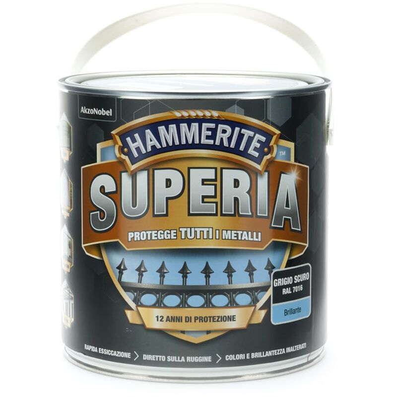 foto del prodotto hammerite superia smalto metallo antiruggine interno e esterno, brillante grigio scuro, 2.5 l