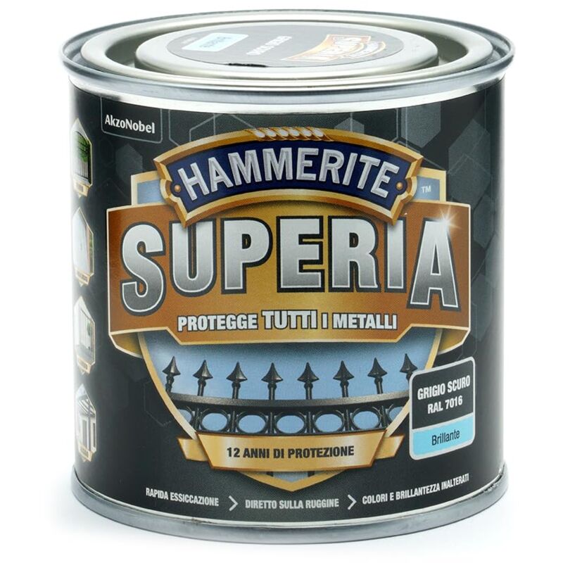 foto del prodotto hammerite superia smalto metallo antiruggine interno e esterno, brillante grigio scuro, 250 ml