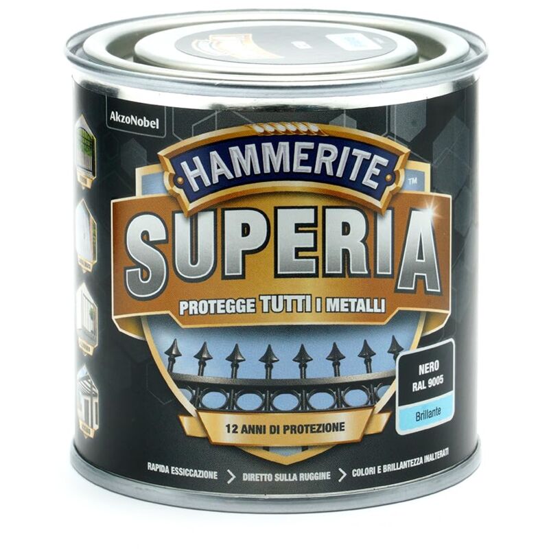 foto del prodotto hammerite superia smalto metallo antiruggine interno e esterno, brillante nero, 250 ml