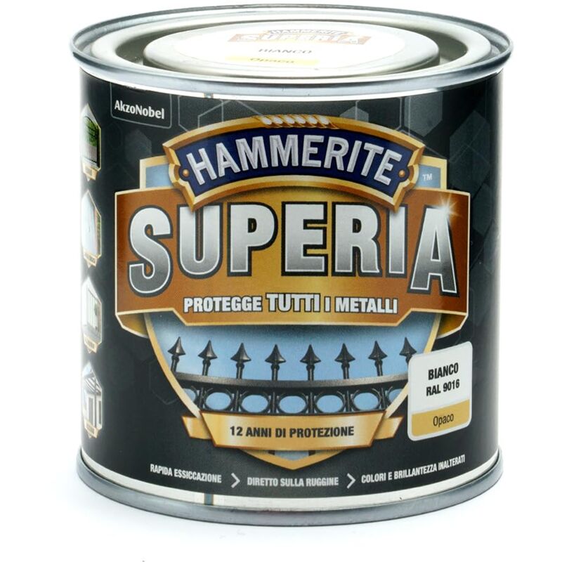 foto del prodotto hammerite superia smalto metallo antiruggine interno e esterno, opaco bianco, 250 ml
