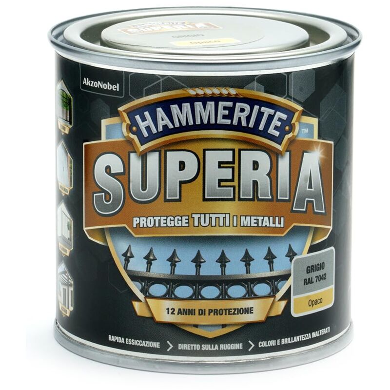 foto del prodotto hammerite superia smalto metallo antiruggine interno e esterno, opaco grigio, 250 ml