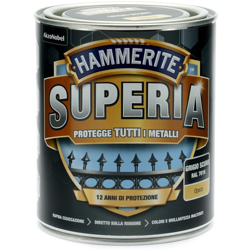 foto del prodotto hammerite superia smalto metallo antiruggine interno e esterno, opaco grigio scuro, 750 ml