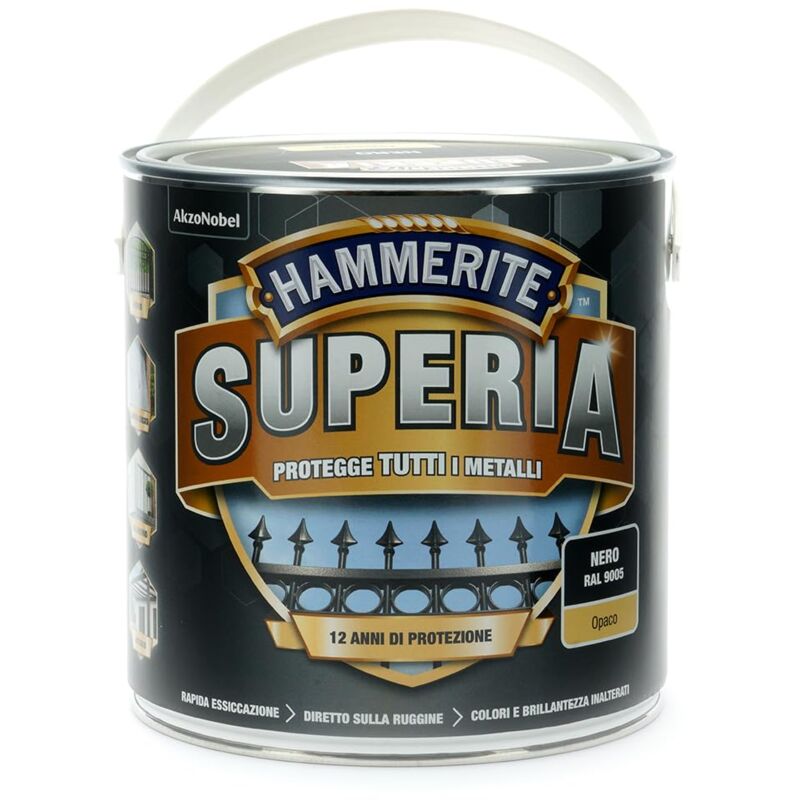 foto del prodotto hammerite superia smalto metallo antiruggine interno e esterno, opaco nero, 2.5 l