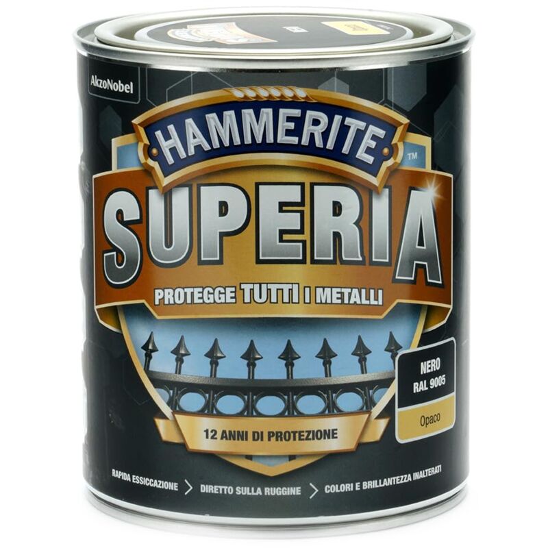 foto del prodotto hammerite superia smalto metallo antiruggine interno e esterno, opaco nero, 750 ml