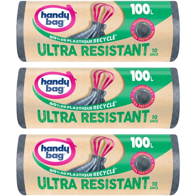 foto del prodotto handy bag sacchetti della spazzatura con pratico legame ultra resistenti, 100 l x 10 sacchetti x 3 rotoli fondo a prova di perdite massima