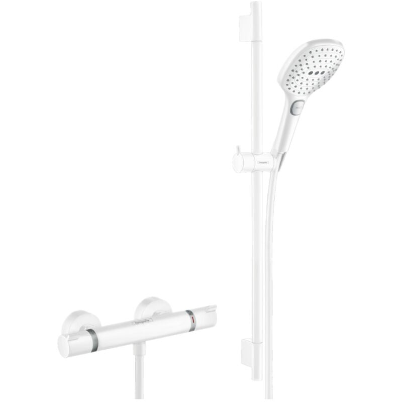 foto del prodotto hansgrohe set di miscelatori doccia comfort asta doccia unica 65 cm doccetta a 3 getti raindance 120 select e, bianco opaco