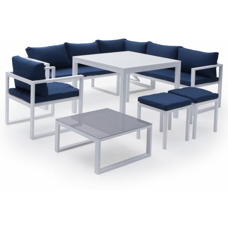 foto del prodotto happy garden set di mobili da giardino componibili ibiza in tessuto blu, 7 posti a sedere alluminio bianco