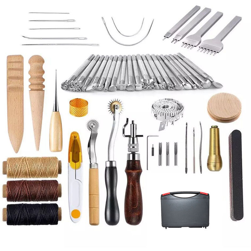 foto del prodotto happyshopping 59 pezzi set di attrezzi per pelle artigianale kit di attrezzi per lavorazione manuale in pelle fai da te per cucito cucito intaglio