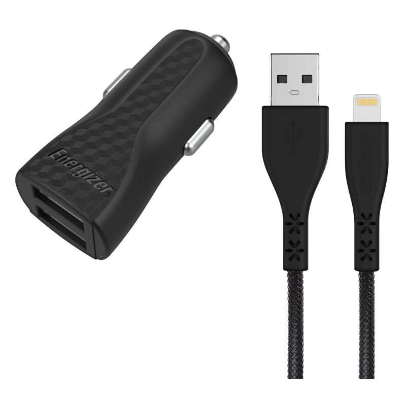 foto del prodotto hardcase 2x usb a 17w 3,4a autoladeger t mfi zertifiziertes lightning kabel schwarz energizer