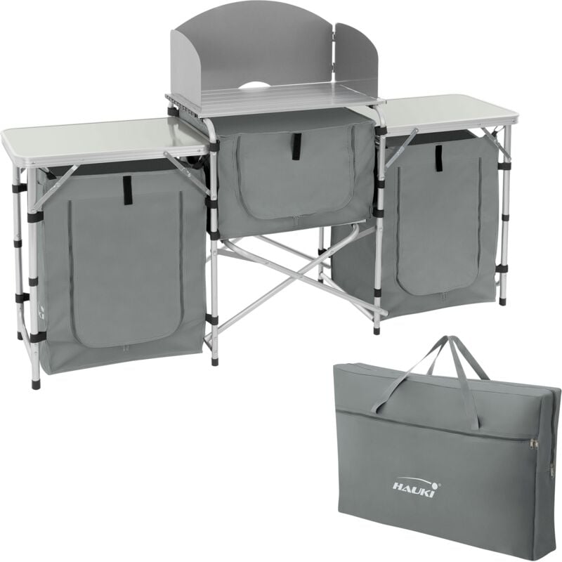 foto del prodotto hauki cucina da campeggio mobile e pieghevole da barbecue esterno con 3 piani telaio in alluminio con paraspruzzi e frangivento vani per utensili e