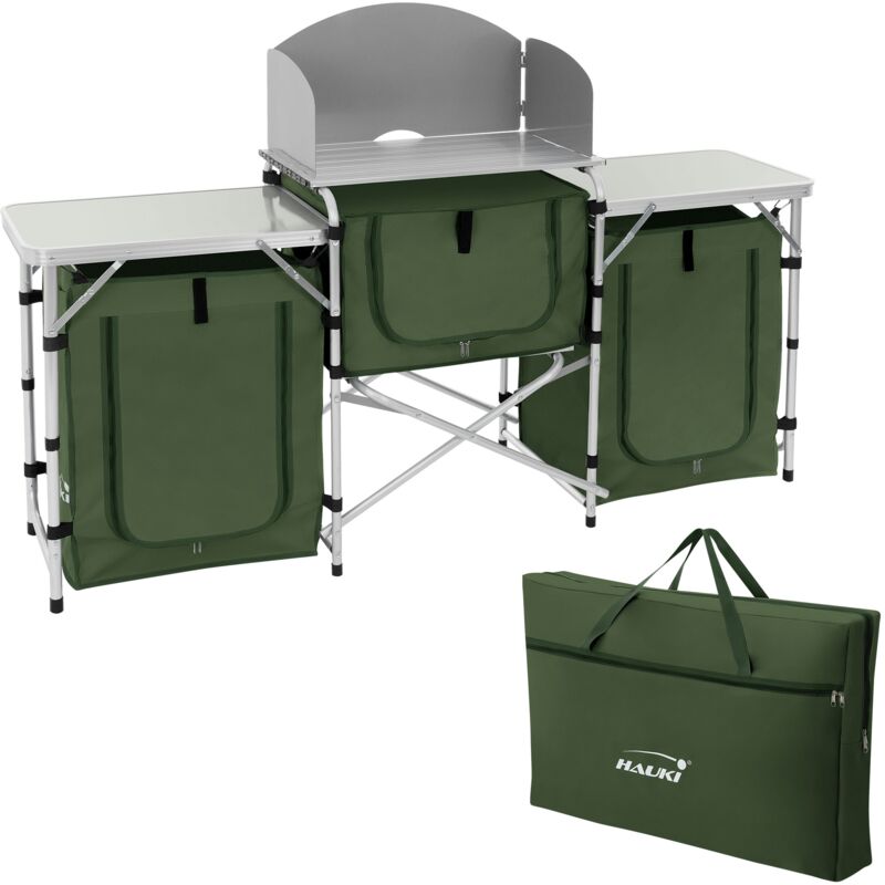 foto del prodotto hauki cucina da campeggio mobile e pieghevole da barbecue esterno con 3 piani telaio in alluminio con paraspruzzi e frangivento vani per utensili e