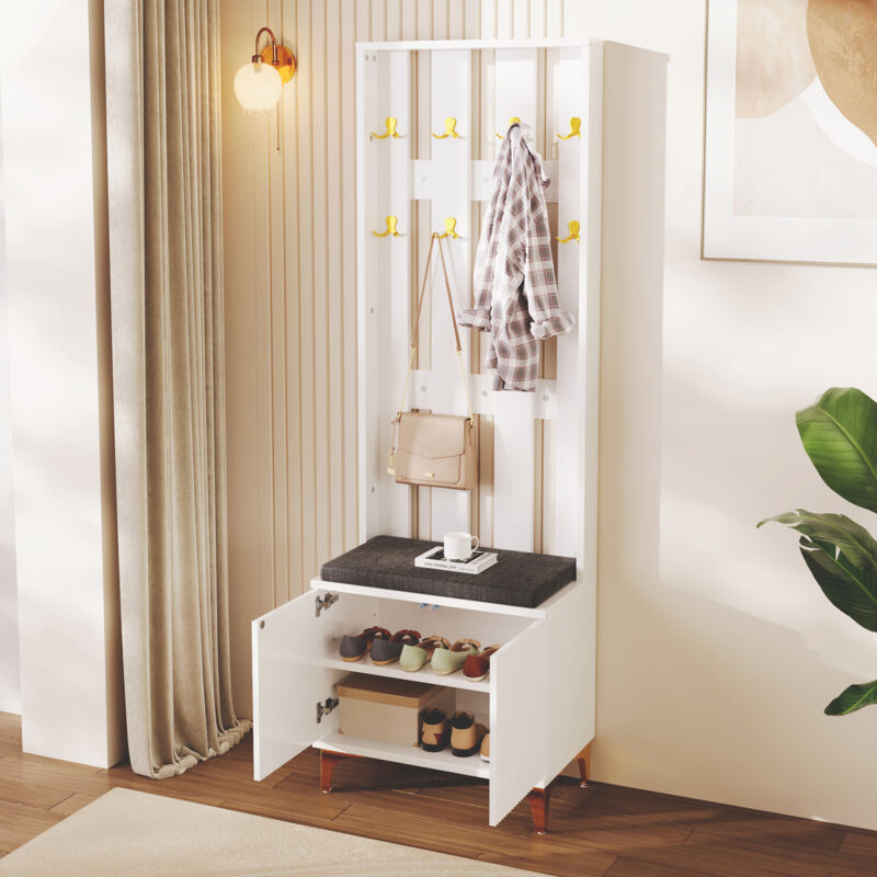 foto del prodotto hauss spole appendiabiti, guardaroba, con ganci rimovibili, sgabello per scarpe, mobile per scarpe, 60.5x30.2x180.5cm, bianco
