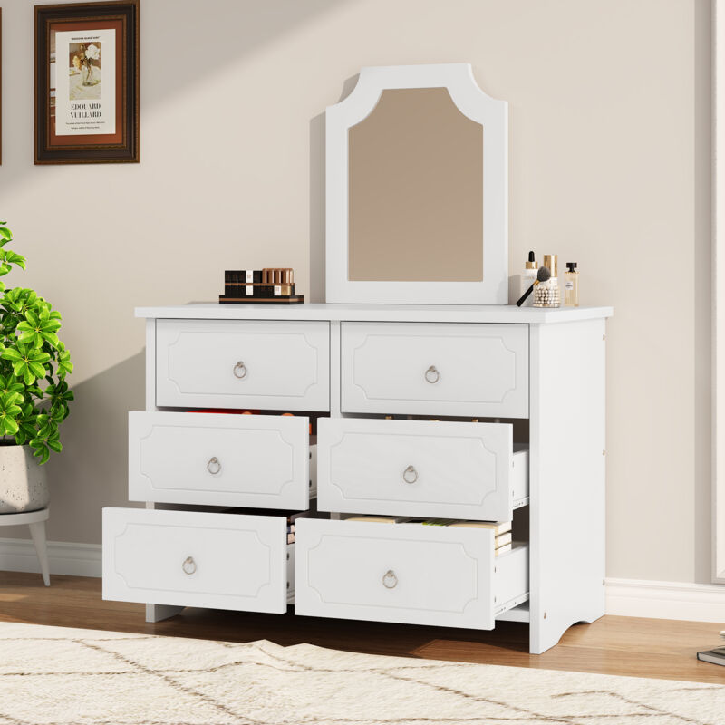 foto del prodotto hauss spole cassettiera classica, 6 cassetti e specchio estraibile, per soggiorno, camera da letto, bianco