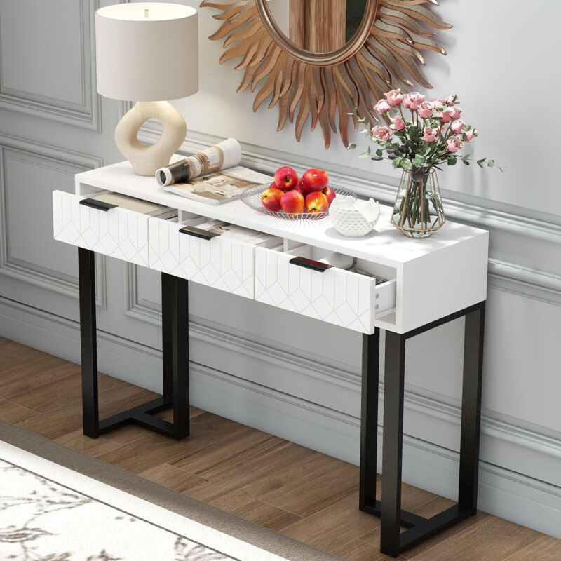 foto del prodotto hauss spole consolle moderna con 3 cassetti, toletta, 120x36x80cm, bianco nero
