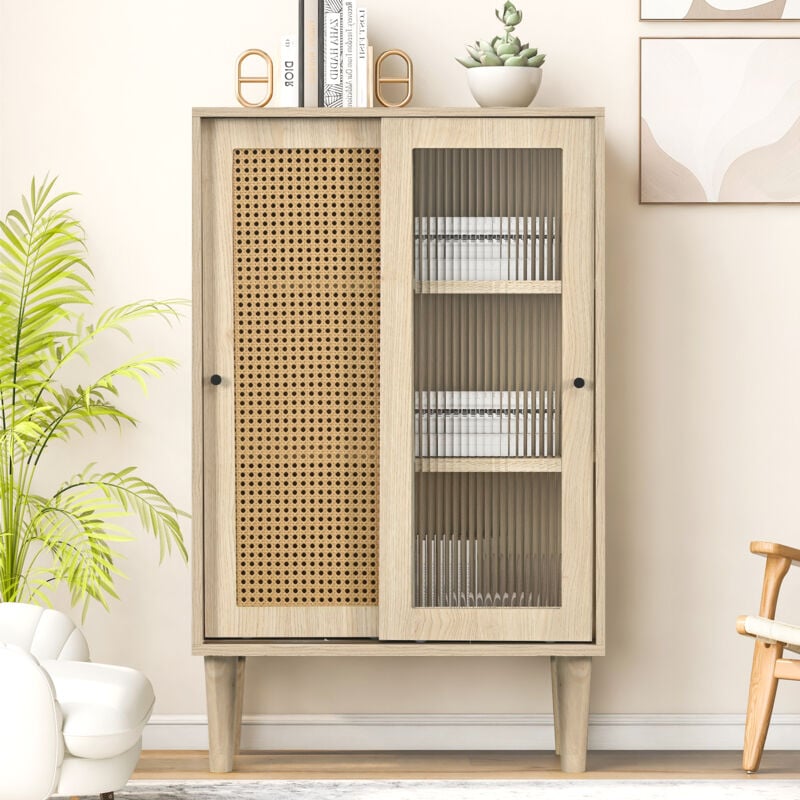 foto del prodotto hauss spole credenza alta 60 x 40 x 100 cm di altezza, con ante in rattan sintetico, con 6 scomparti, naturale