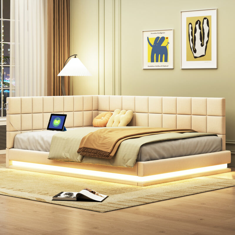 foto del prodotto hauss spole divani letti 140x200cm, letto per adulti, letto per bambini, barra luminosa a led, presa usb, velluto, senza materasso, beige