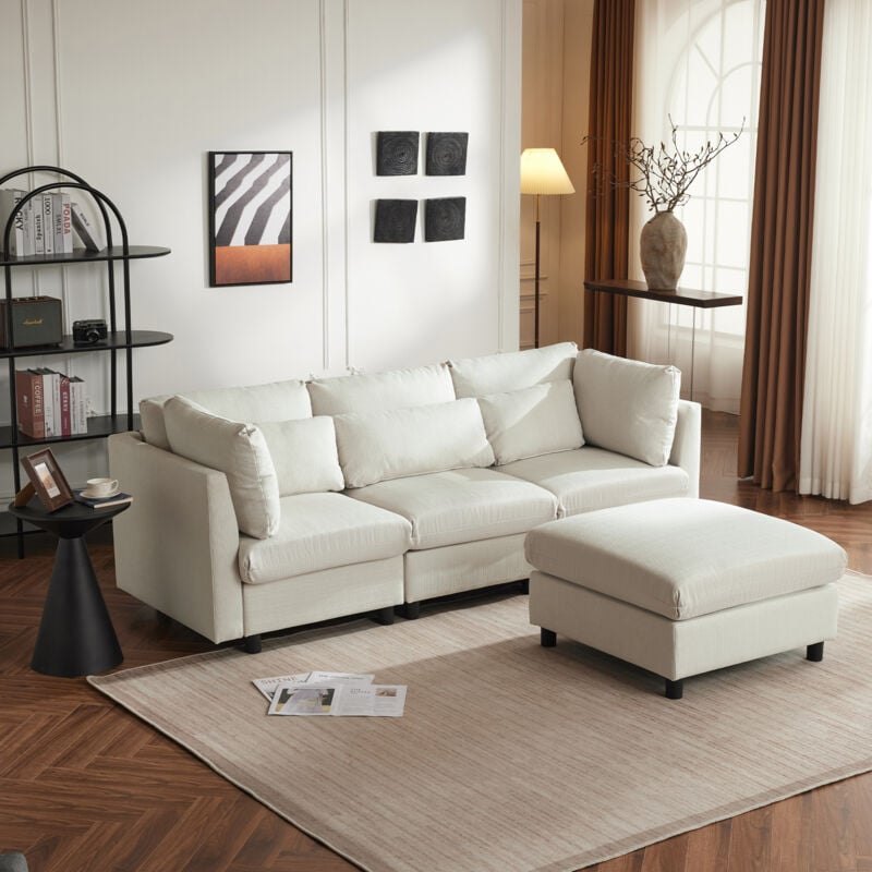 foto del prodotto hauss spole divano angolare in l, divano a 3 posti 1 poggiapiedi, divano da salotto, design moderno, 220x83x65cm, lino, beige