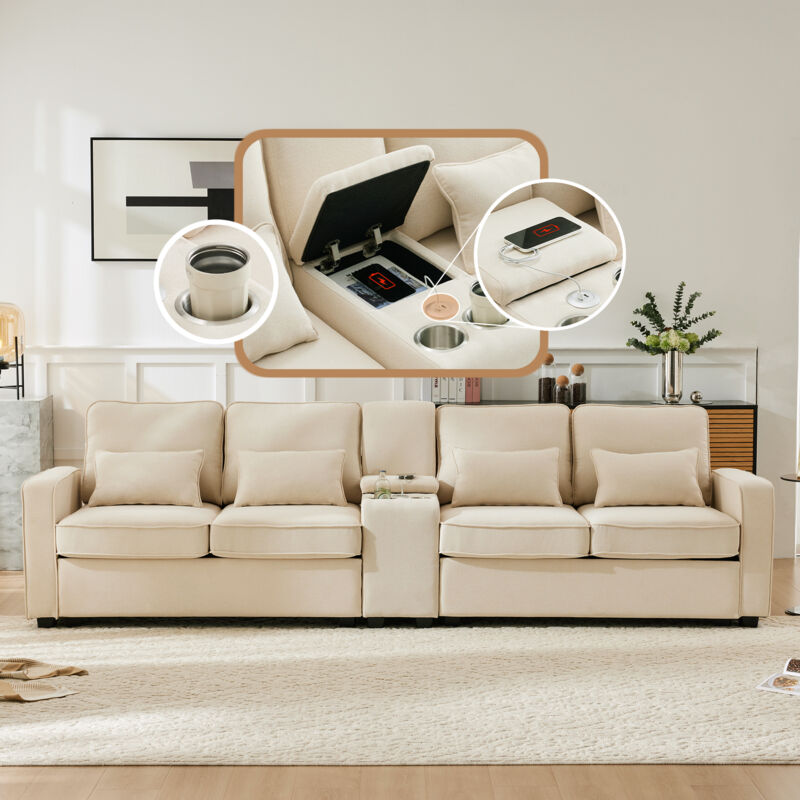 foto del prodotto hauss spole divano dritto 200x83x88cm, divano 4 posti con 2 portabicchieri, 2 porte usb, tasche laterali, soggiorno, lino, beige
