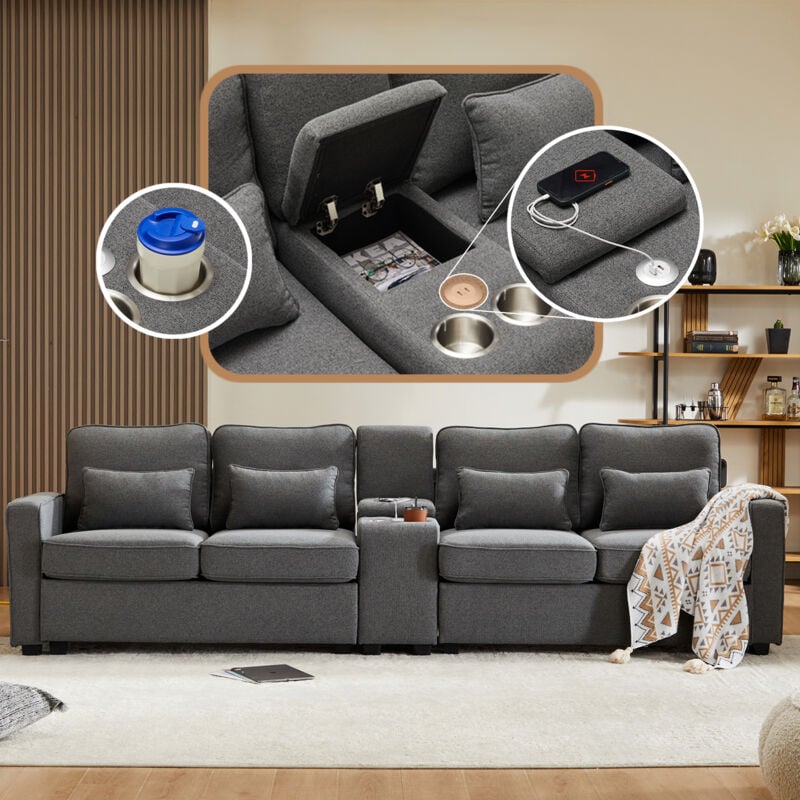 foto del prodotto hauss spole divano dritto 200x83x88cm, divano 4 posti con 2 portabicchieri, 2 porte usb, tasche laterali, soggiorno, lino, grigio