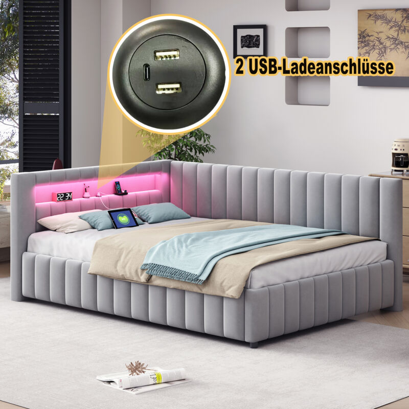 foto del prodotto hauss spole divano letti 140x200cm, letti imbottito per adulti, luce led e porta di ricarica usb, letti per bambini, velluto, senza materasso,