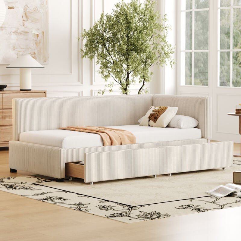 foto del prodotto hauss spole divano letti 90x200 cm, letti imbottito per bambini adulti ragazzi con cassetti, letti singolo, velluto, senza materasso, beige