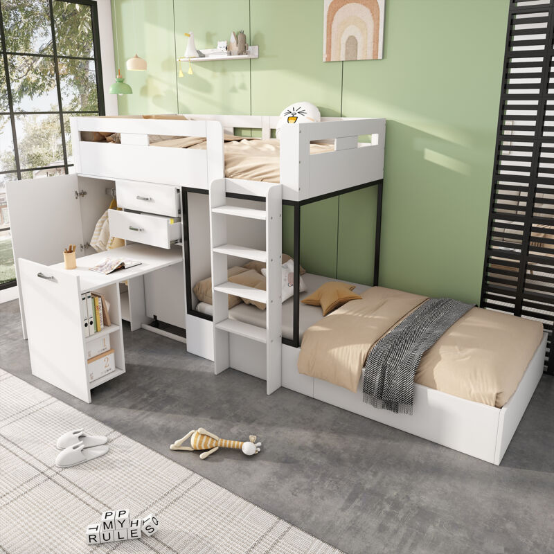 foto del prodotto hauss spole letti a castello per bambini 90x200 cm, scrivania estraibile armadio, 2 cassetti, senza materasso, mdf, bianco