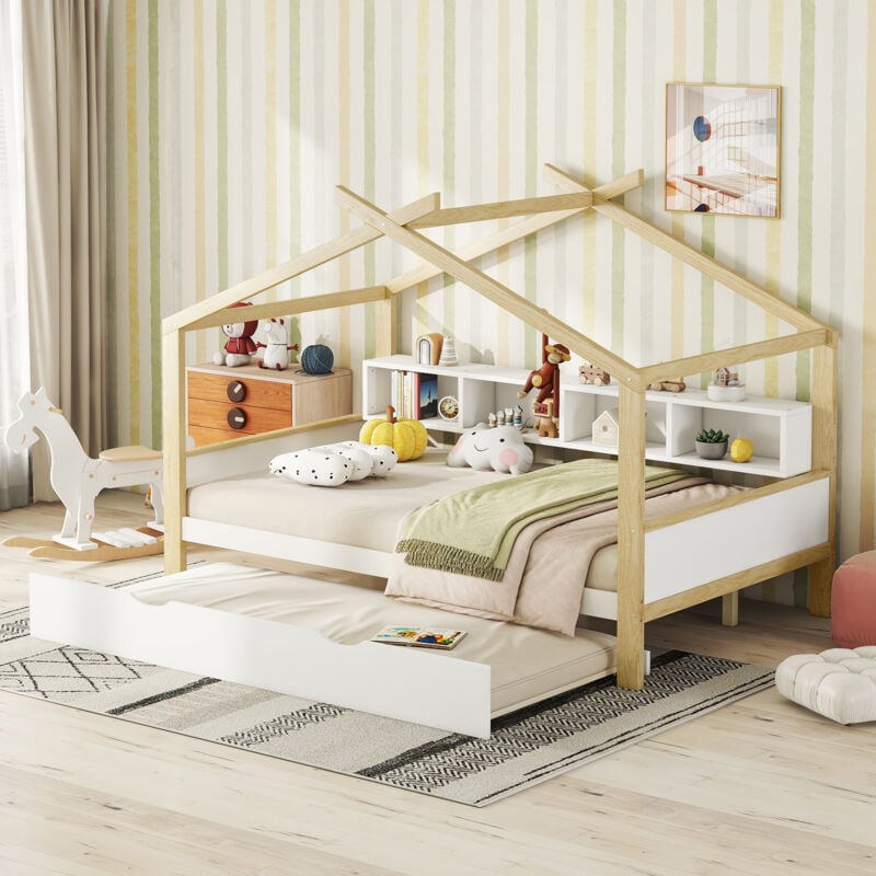 foto del prodotto hauss spole letti a soppalco 140x200 cm, letti matrimoniale per bambini con letti estraibile, 4 vani portaoggetti accanto al letti, senza