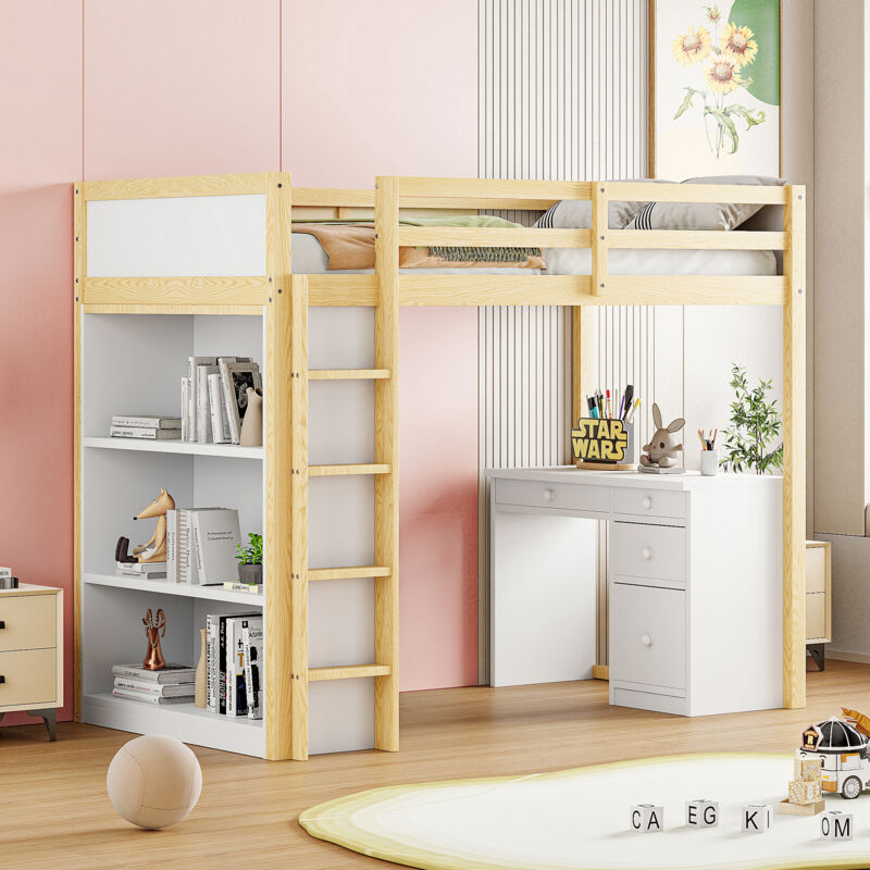 foto del prodotto hauss spole letti a soppalco 90 x 200 cm, letto per bambini con mobili contenitori e tavolo per computer, legno, naturale