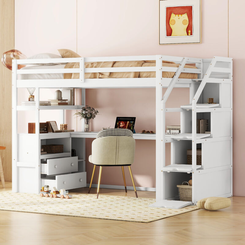 foto del prodotto hauss spole letti a soppalco 90x200 cm, lettino per bambini, scrivania sotto il letti, scala portaoggetti, 2 cassetti, vani portaoggetti multipli,