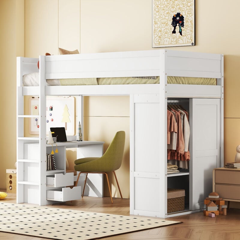 foto del prodotto hauss spole letti a soppalco per bambini 90 x 200 cm con armadio, scrivania e cassetti, bianco