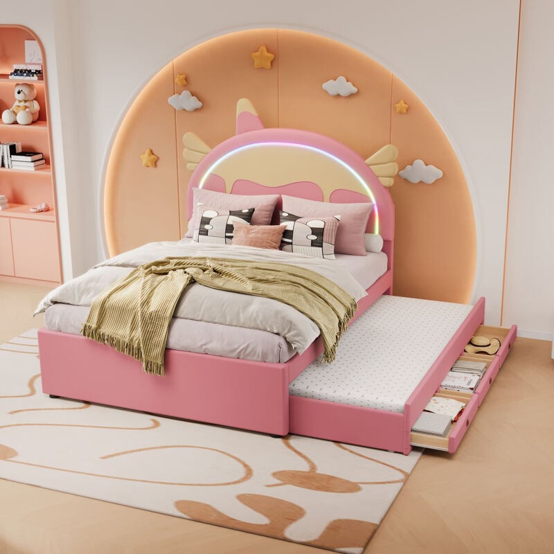 foto del prodotto hauss spole letti con letti estraibili 140x200cm, letto per bambini, con cassetto, forma unicorno, pu, senza materasso, rosa