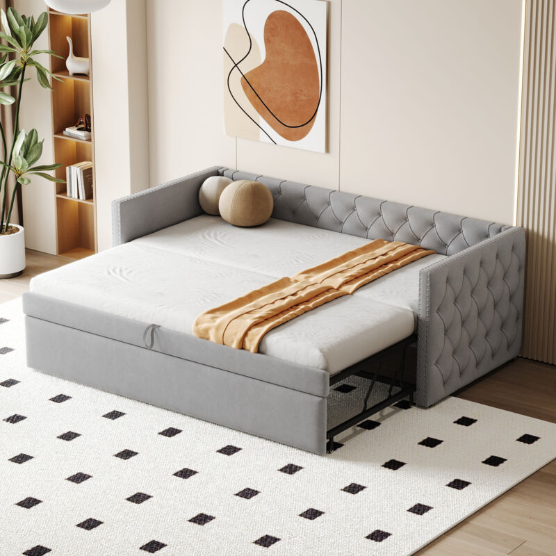 foto del prodotto hauss spole letti con letti estraibili per bambini 90x200 cm, divano letto, velluto, letto singolo, senza materasso, grigio chiaro