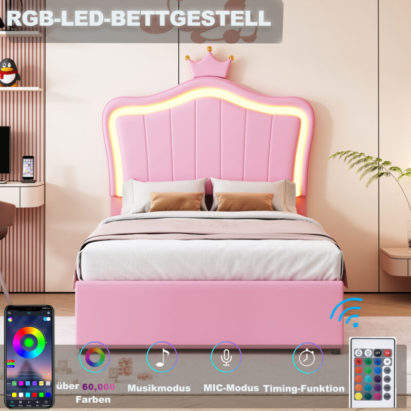 foto del prodotto hauss spole letti contenitori 90x200 cm, letti per bambini, led, testiera regolabile in altezza, letto singolo, similpelle, rosa