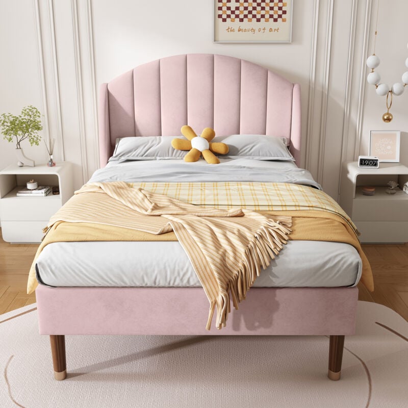 foto del prodotto hauss spole letti per adulti 90x200cm, letti per bambini, letti singolo imbottito, rete a doghe, gambe in legno, velluto, senza materasso, rosa