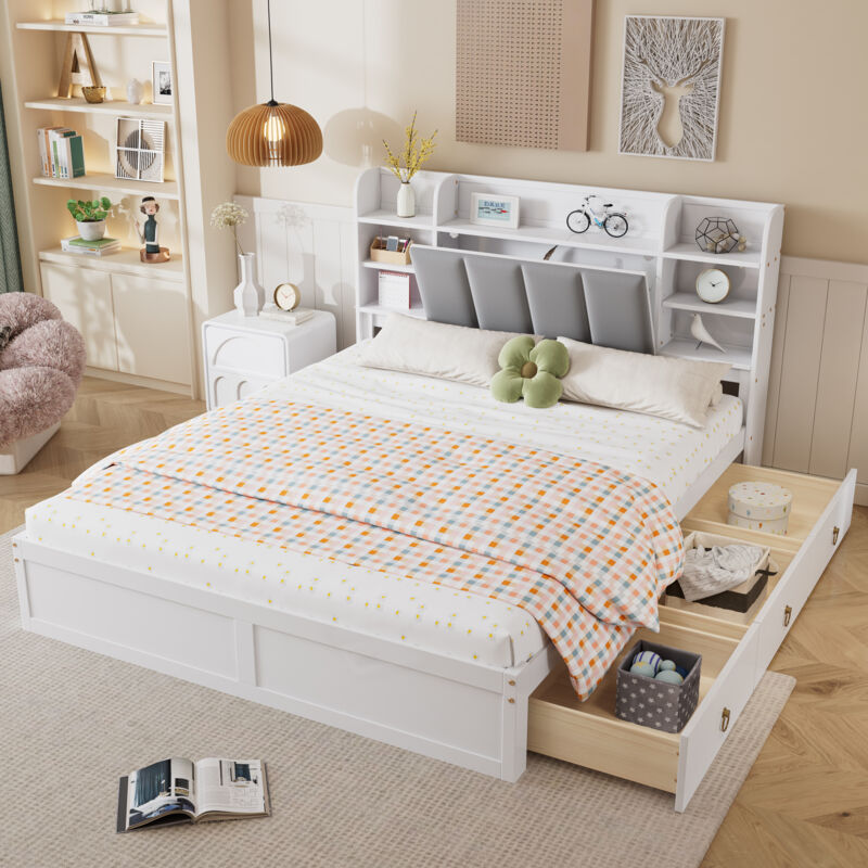 foto del prodotto hauss spole letti per adulti matrimoniale 160x200cm, 3 cassetti con ruote, testiera contenitore, pino mdf velluto, bianco, senza materasso