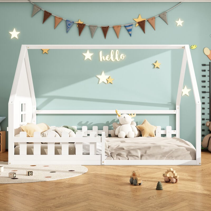 foto del prodotto hauss spole letti per bambini 140x200 cm, letti a castello, a forma di casa, barriera di sicurezza, rete a doghe, pino mdf, senza materasso, bianco