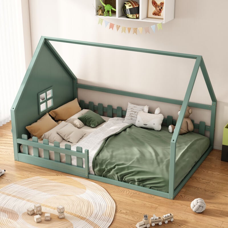 foto del prodotto hauss spole letti per bambini 140x200 cm, letti a castello, a forma di casa, barriera di sicurezza, rete a doghe, pino mdf, senza materasso, verde