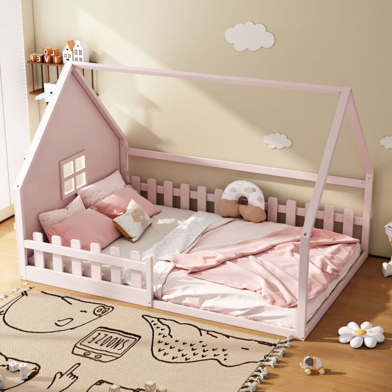 foto del prodotto hauss spole letti per bambini 140x200 cm, letti a soppalco, a forma di casa, barriera di sicurezza, rete a doghe, pino mdf, senza materasso, rosa