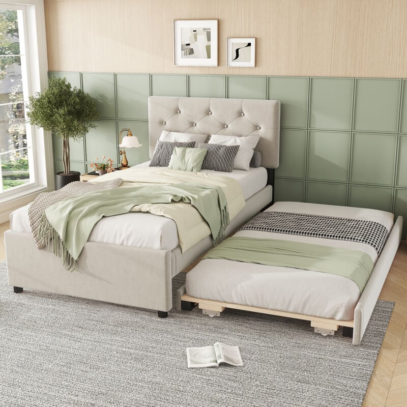 foto del prodotto hauss spole letti singolo imbottito 90x200 cm, letti adulto bambino, letti estraibile, rete a doghe, velluto, senza materasso, beige