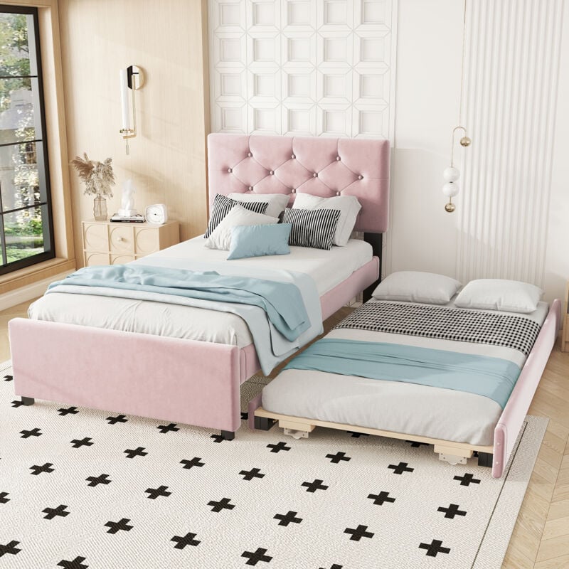 foto del prodotto hauss spole letti singolo imbottito 90x200 cm, letti adulto bambino, letti estraibile, rete a doghe, velluto, senza materasso, rosa